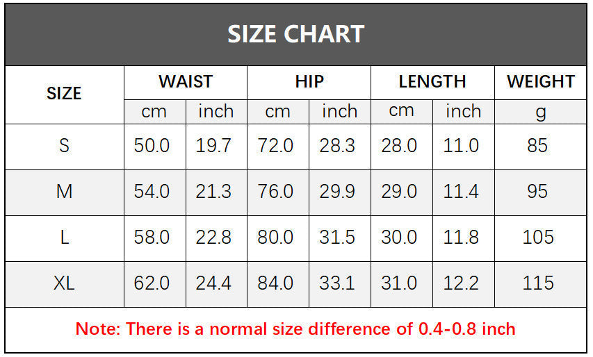 Wrinkled butt lifting yoga shorts size chart with waist, hip, length, and weight measurements.