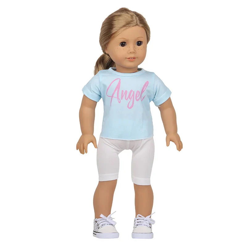 Soft Doll Pajama Set on doll with blue top and white shorts.
