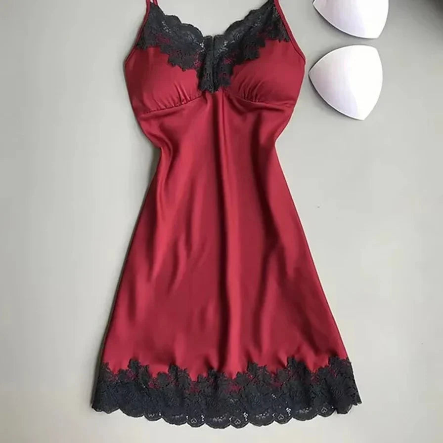 Summer Backless Ice Silk Nightgown with lace details and breathable fabric in red.