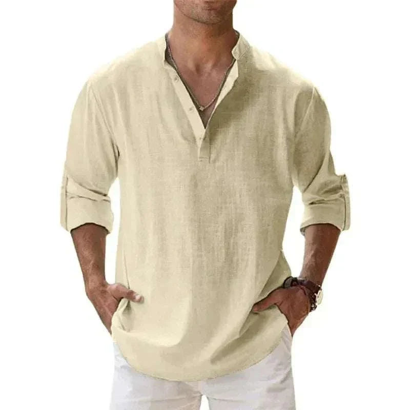 Breathable Cotton Henley in a classic design with a buttoned neckline, worn by a model in casual attire.