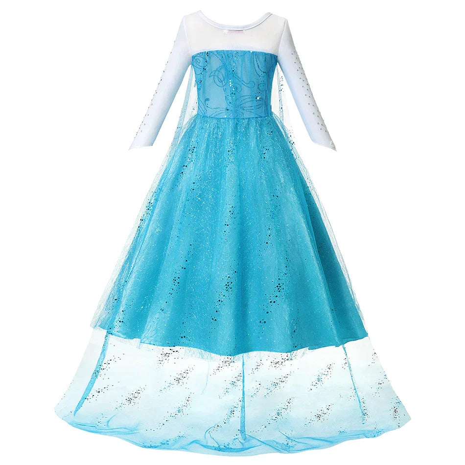 Toddler Princess Party Costume, blue sparkly dress with long sleeves, perfect for birthdays and dress-up play.