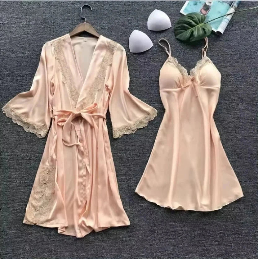 Summer Backless Ice Silk Nightgown in soft pink with lace details, elegant and breathable design for warm nights.