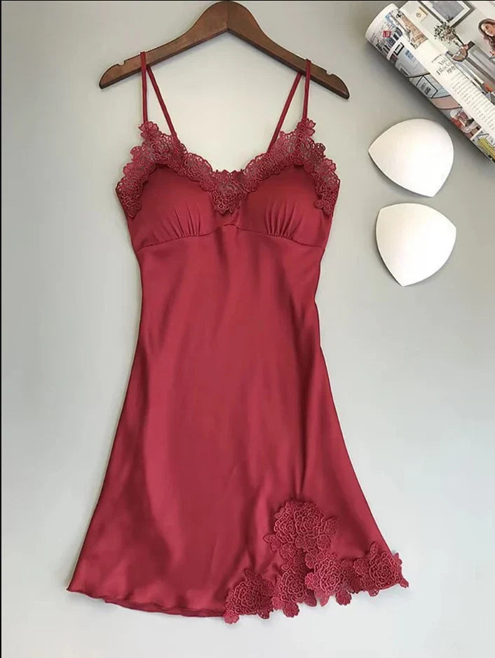 Summer Backless Ice Silk Nightgown in red with lace trim on gray background.
