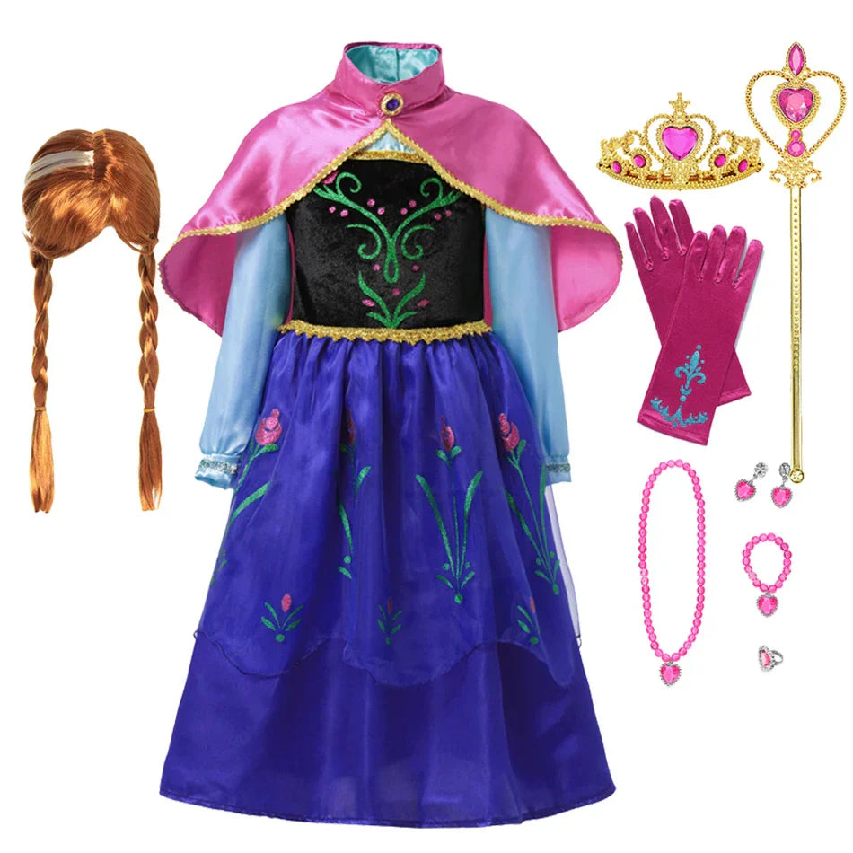 Toddler princess party costume with dress, cape, crown, wig, wand, gloves, and jewelry set.