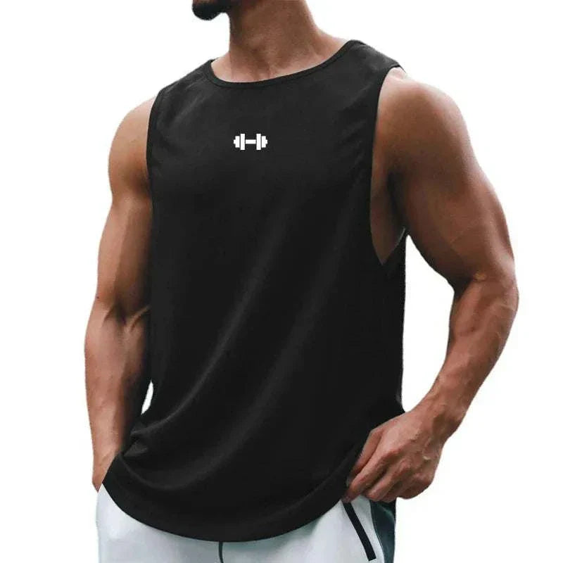 Muscular man wearing black quick-drying sports vest for workouts.