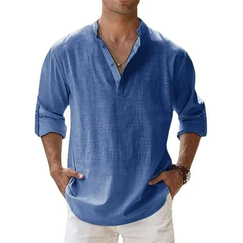 Breathable Cotton Henley shirt in blue with buttoned neckline, perfect for comfort and style.