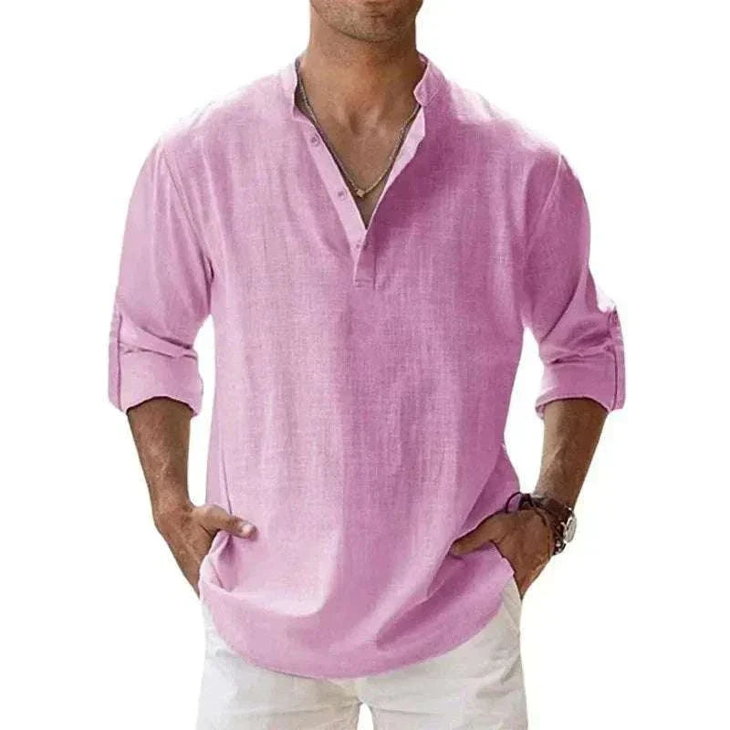 Breathable Cotton Henley in pink with classic buttoned neckline, perfect for stylish comfort and versatility.