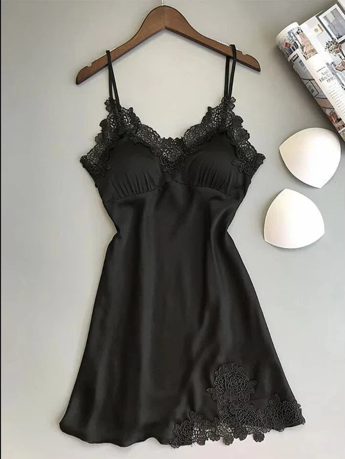 Summer Backless Ice Silk Nightgown, luxury breathable nightwear, elegant black design.