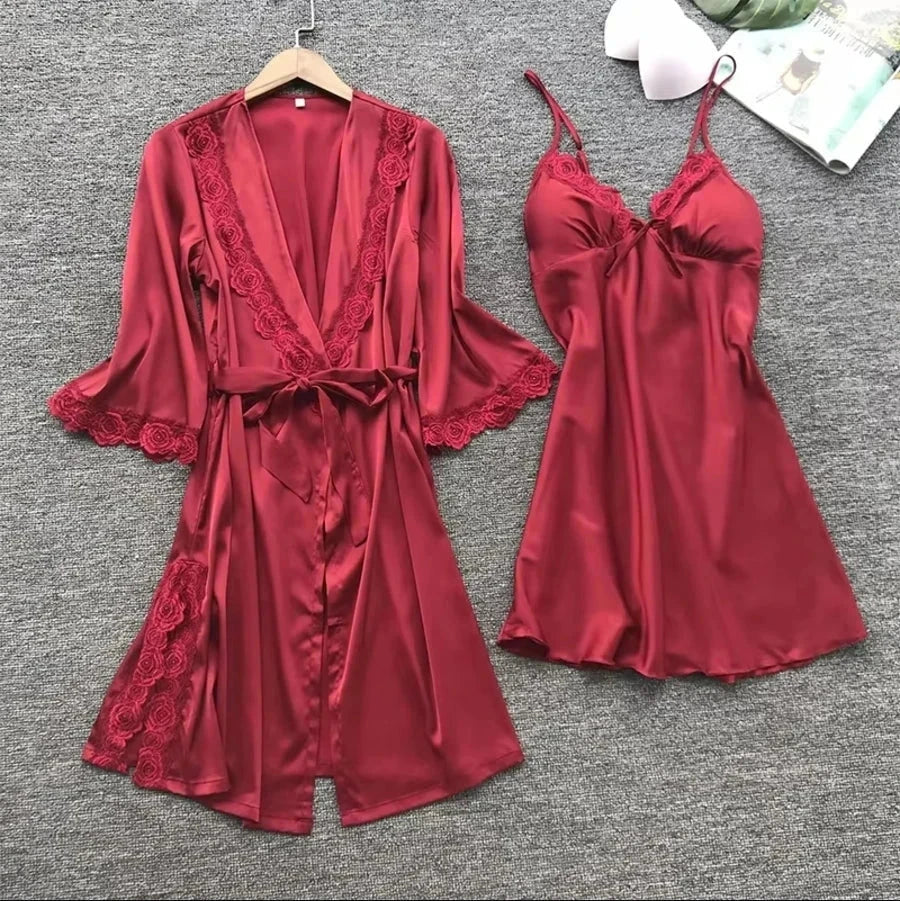 Summer Backless Ice Silk Nightgown in red, featuring a backless design, silky-smooth fabric, and elegant lace details.