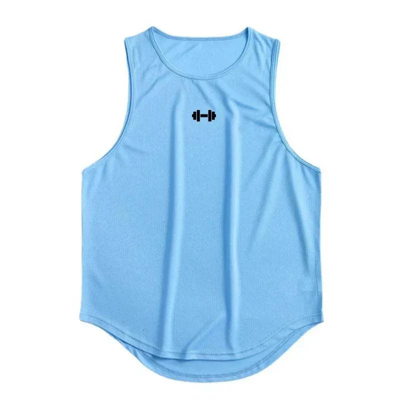 Blue quick-drying sports vest with a dumbbell icon, ideal for workouts and outdoor activities.