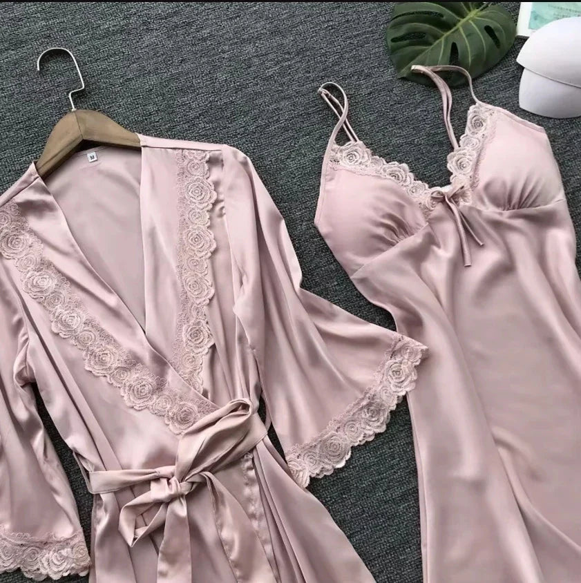 Summer Backless Ice Silk Nightgown in light pink with lace trim and elegant design, perfect for cool and comfortable sleep.