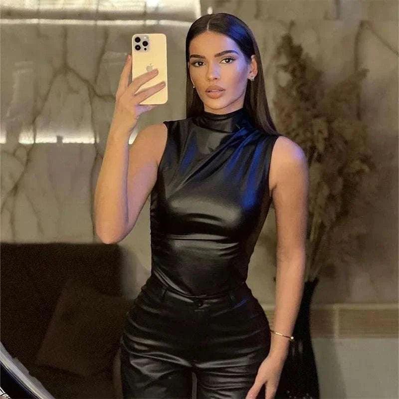 High Collar Streetwear Top in black, sleek design, trendy and versatile for casual wear.