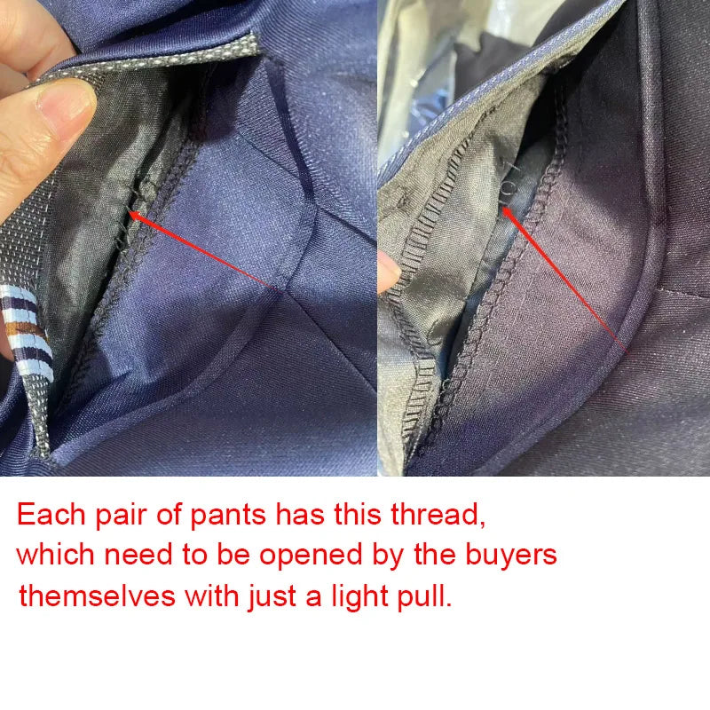 Business Casual Suit Pants with stitching detail, showing thread that needs to be opened by buyers with a light pull.
