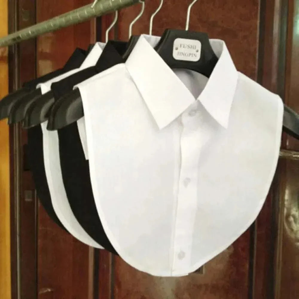 Detachable shirt collar hanging on hangers in black and white options.