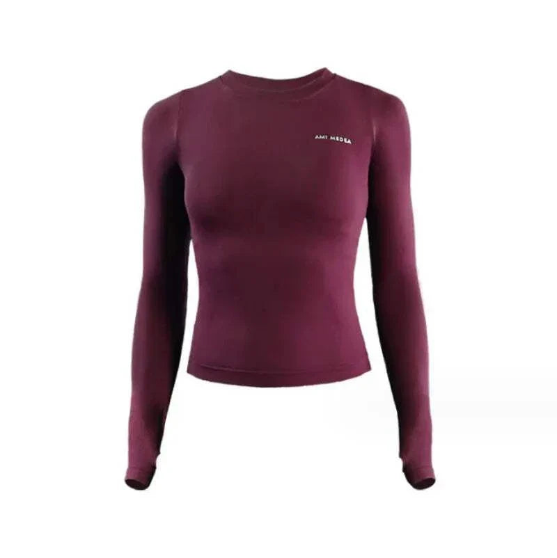 Maroon seamless long sleeve workout shirt for fitness and versatility.