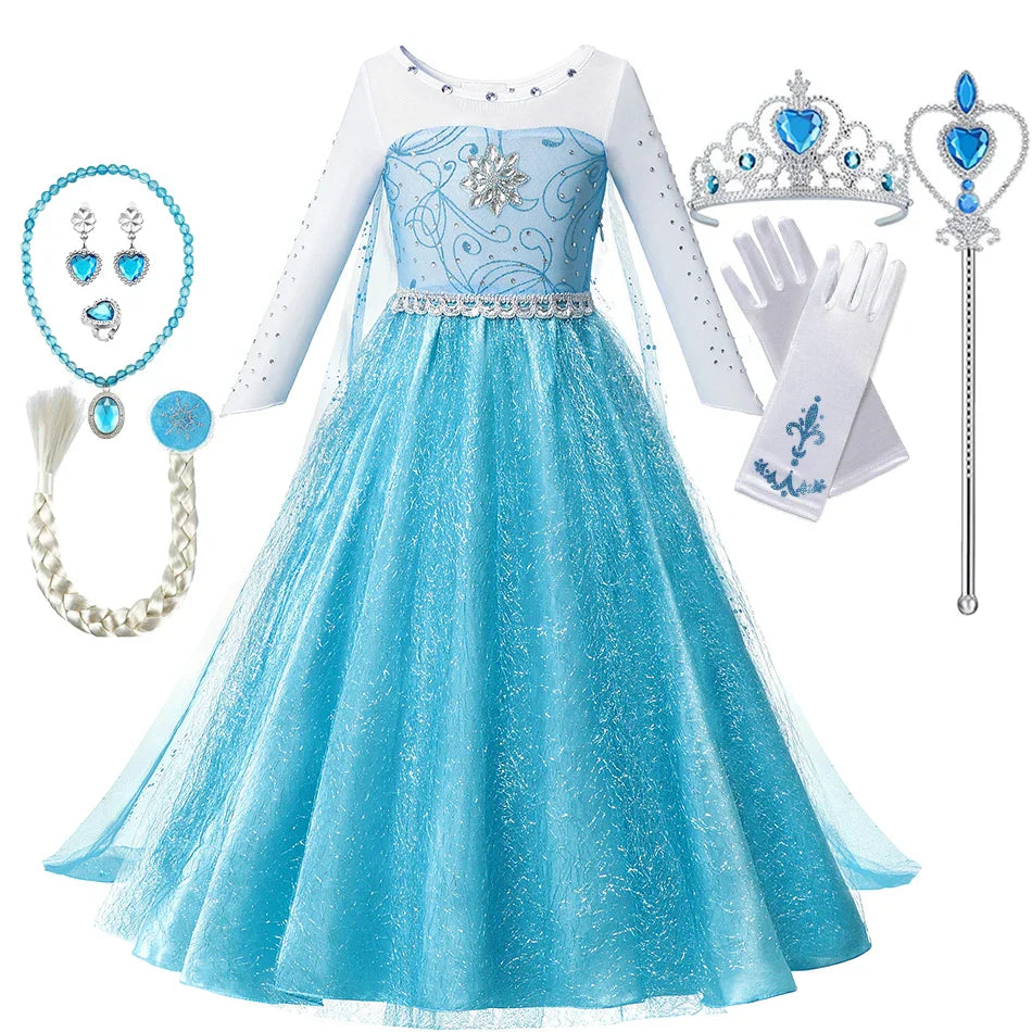 Toddler Princess Party Costume with a sparkly blue dress, tiara, wand, braid, necklace, earrings, and gloves.