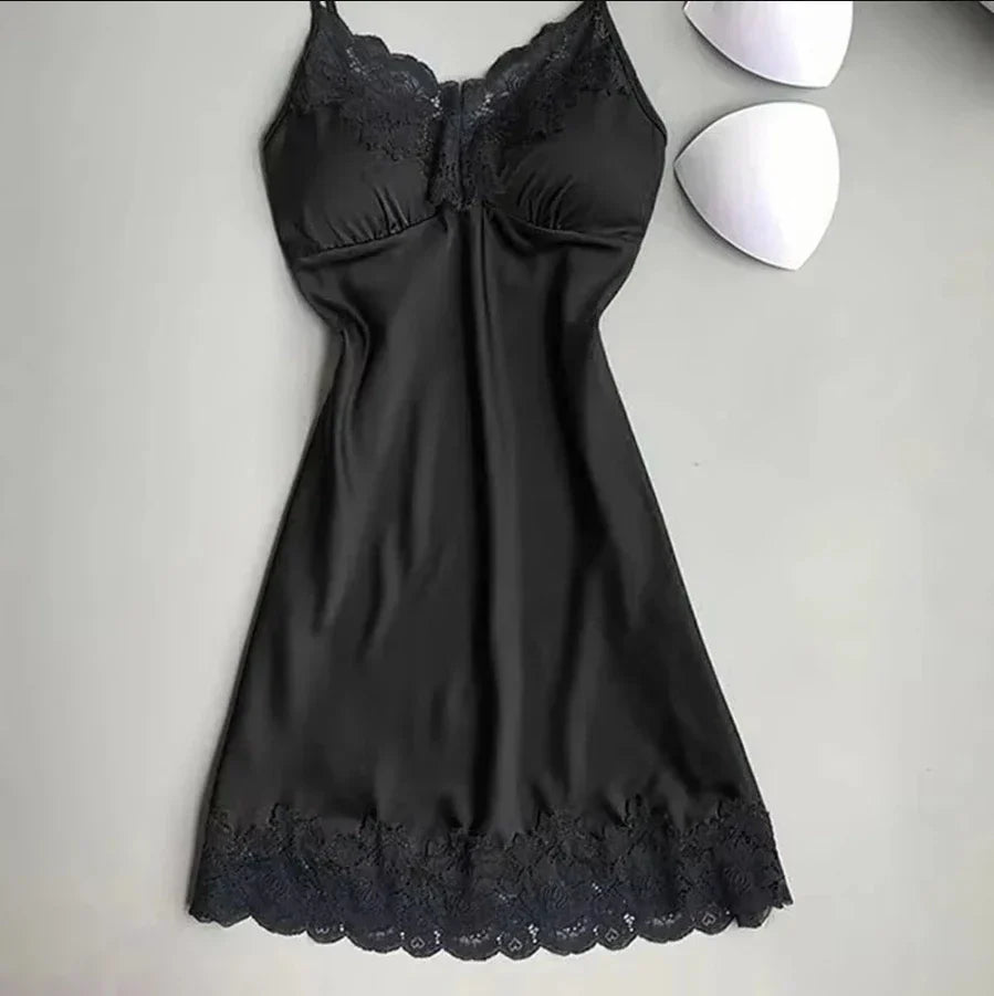 Summer Backless Ice Silk Nightgown with elegant lace design, lightweight and breathable for a comfortable sleep.
