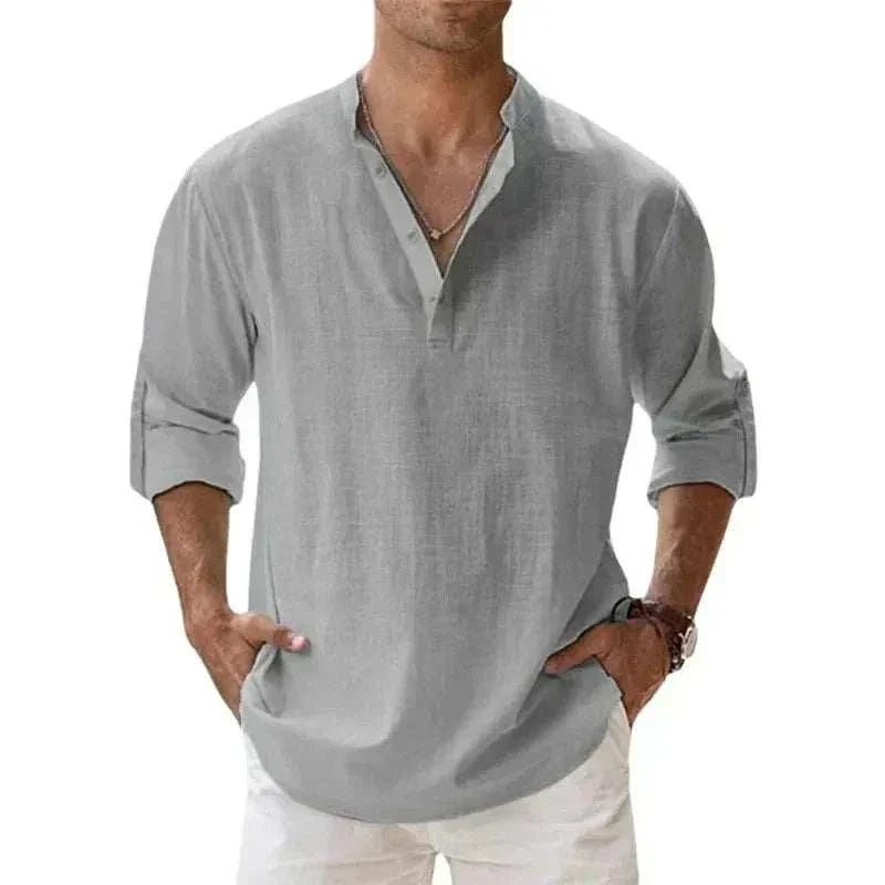 Breathable Cotton Henley shirt with buttoned neckline, offering comfort and style.