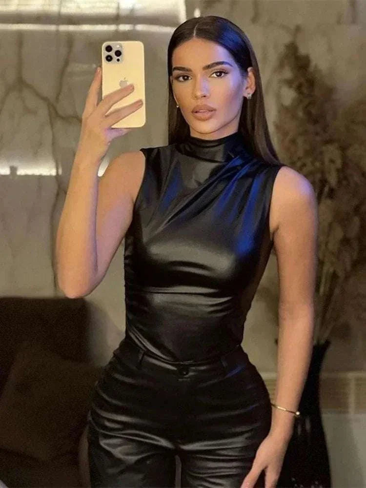 High Collar Streetwear Top in sleek black fabric worn by a model, showcasing trendy and comfortable streetwear design.
