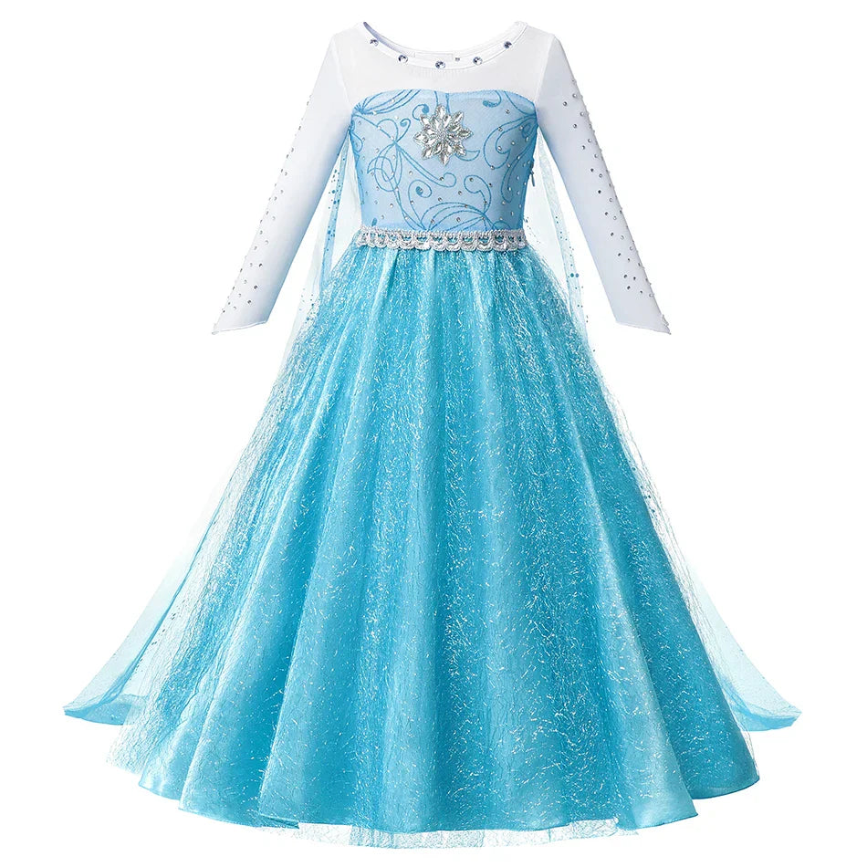 Toddler Princess Party Costume with sparkly blue dress, long sleeves, and glittering details.