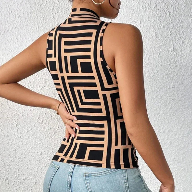 Fashionable women's tank top with geometric pattern, back view.