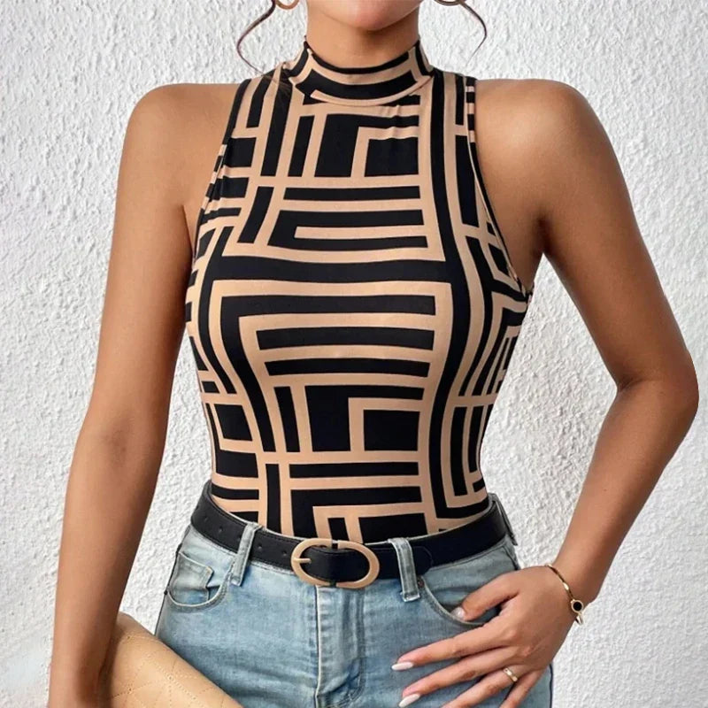 Fashionable women's tank top with geometric pattern, paired with jeans.