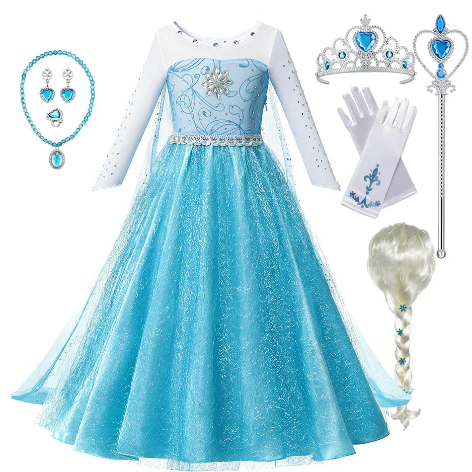 Toddler Princess Party Costume with blue sparkly dress and accessories including tiara, wand, gloves, and jewelry.
