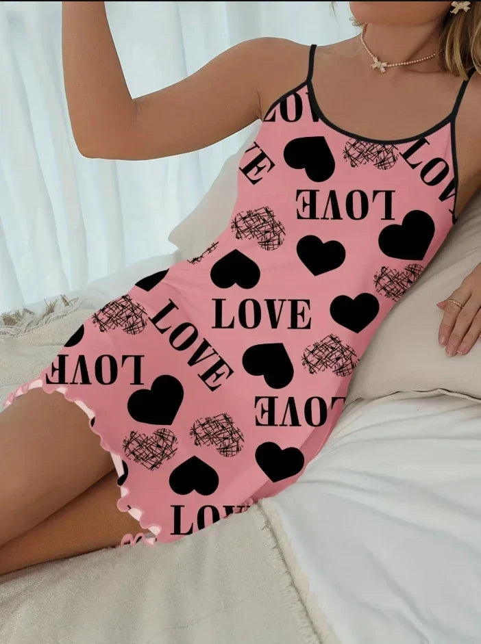 Summer backless ice silk nightgown with heart and "LOVE" print, perfect for warm nights.