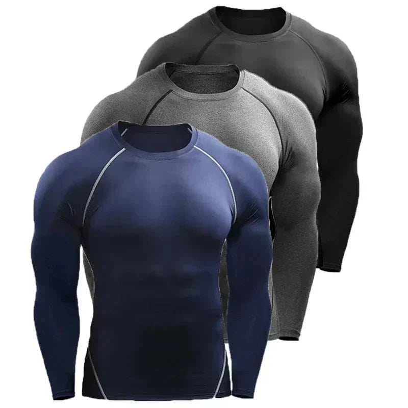 Athletic Running Shirt in breathable, moisture-wicking fabric, available in black, gray, and navy.