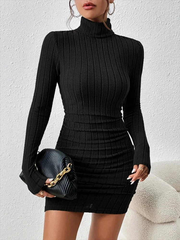 Autumn Black Turtleneck Sheath Dress with ribbed texture and elegant, snug fit.