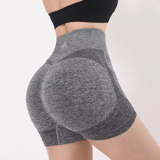 Custom high waist workout shorts in gray with a seamless, stretchy design for comfort and flexibility.