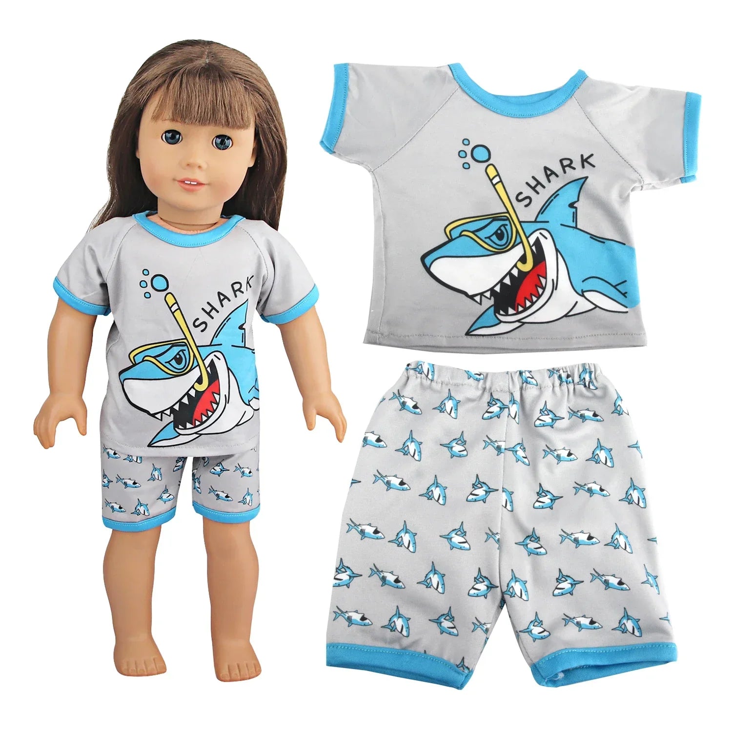Soft Doll Pajama Set with shark graphic featuring doll and matching kids' pajamas.