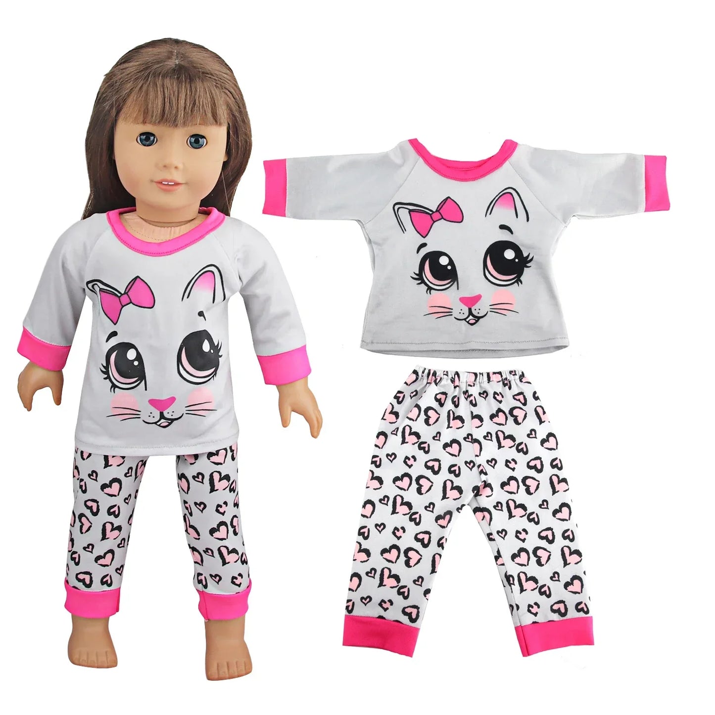 Soft Doll Pajama Set with cute cat design, featuring breathable fabric for comfort.