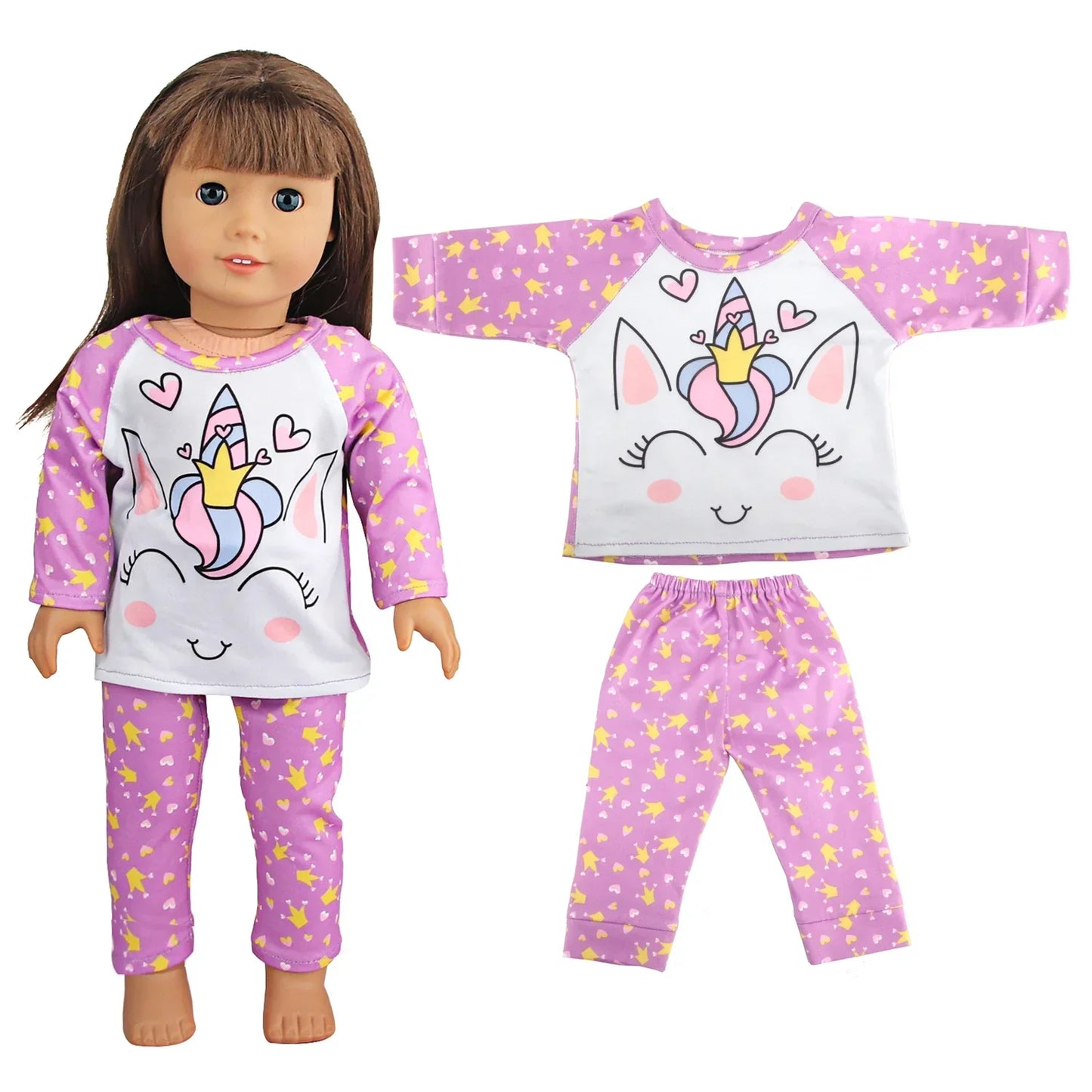 Soft Doll Pajama Set with unicorn design in purple and white, featuring a top and matching pants for dolls.