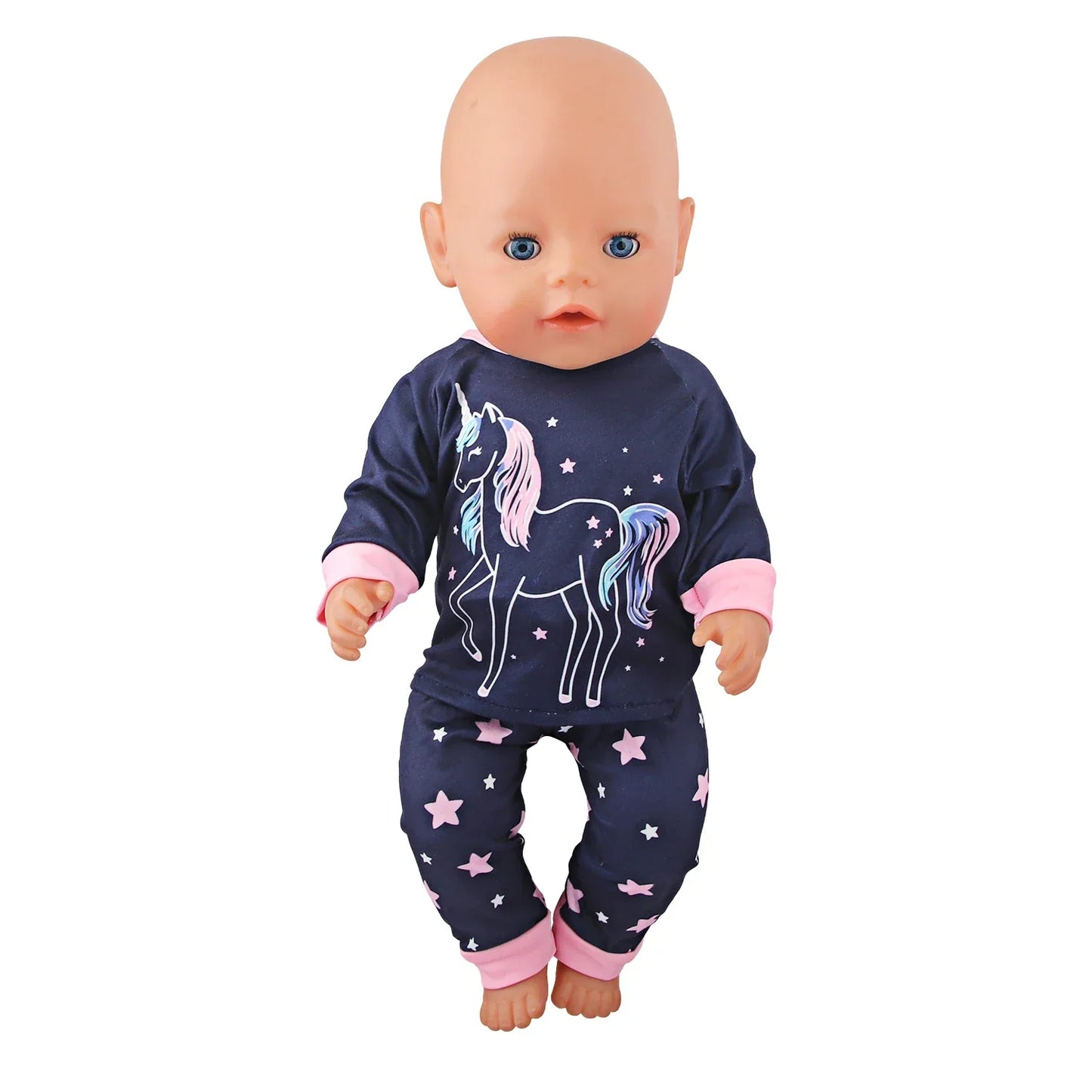 Soft Doll Pajama Set with unicorn design on a doll, featuring navy and pink colors, perfect blend of comfort and style.