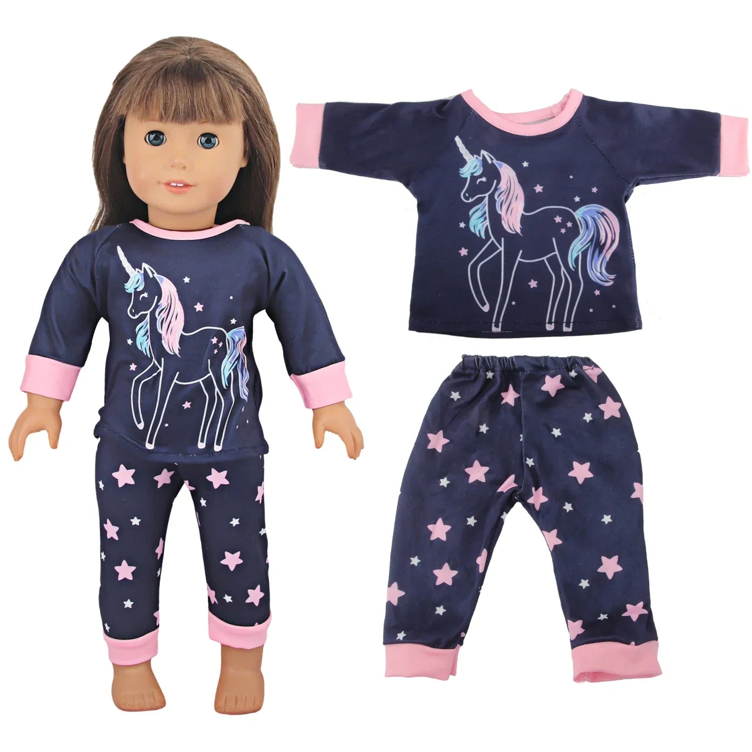 Soft Doll Pajama Set with unicorn and star print for dolls, featuring top and bottoms in soft, breathable fabric.
