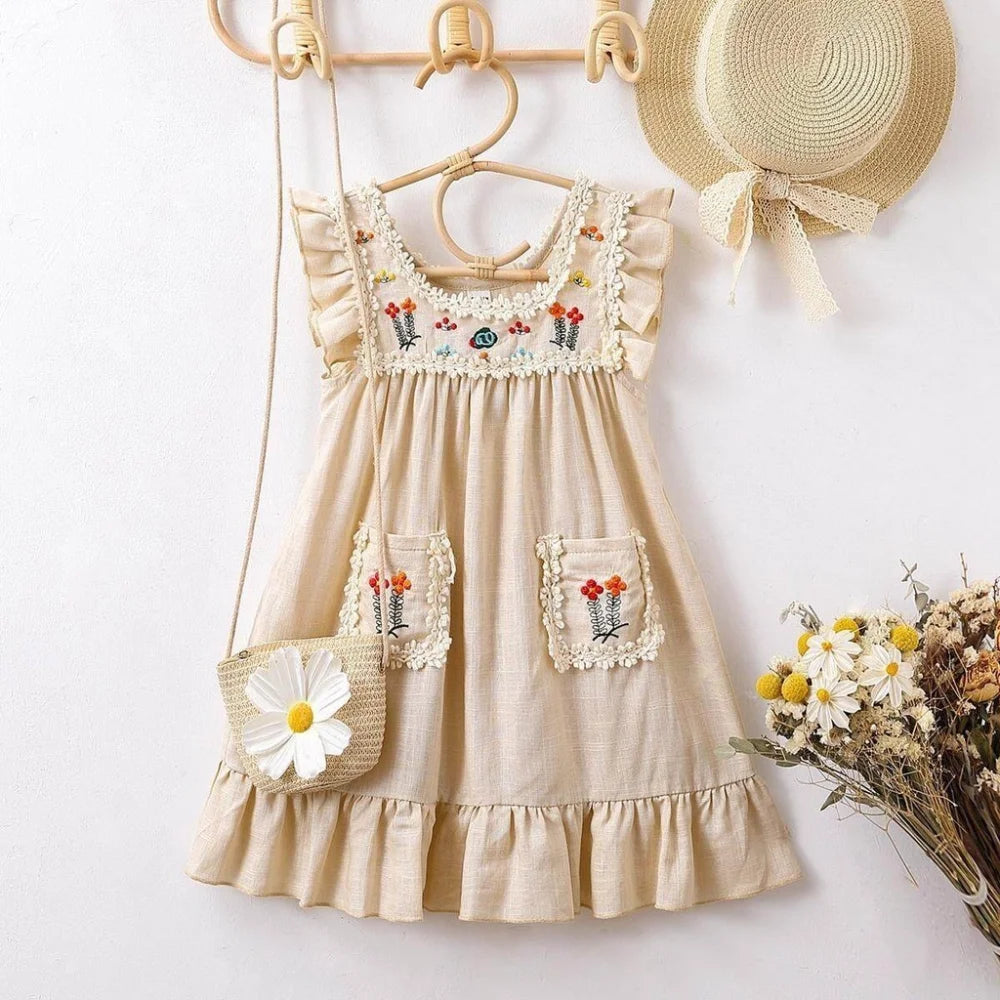 Girls' Embroidered Ruffle Dress