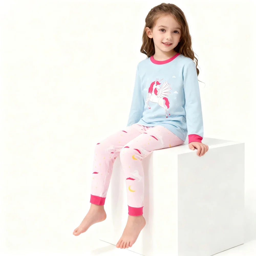 Kids Animal Pajama Set with a pale blue cotton top featuring a pink unicorn and light pink printed pants with bright pink cuffs.