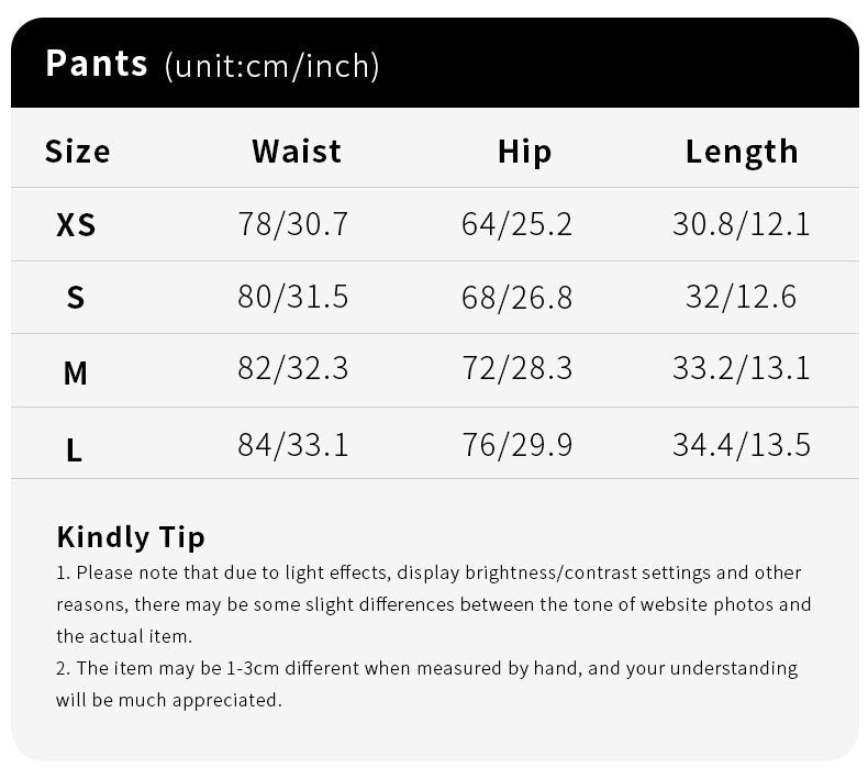 High Waist Stretchy Yoga Pants size chart showing XS to L waist, hip and length measurements in centimeters and inches.