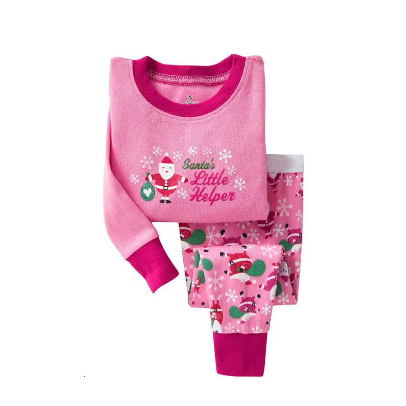 Kids Animal Pajama Set in pink cotton knit, featuring a Santa and snowflake print, round neck, and magenta cuffs.