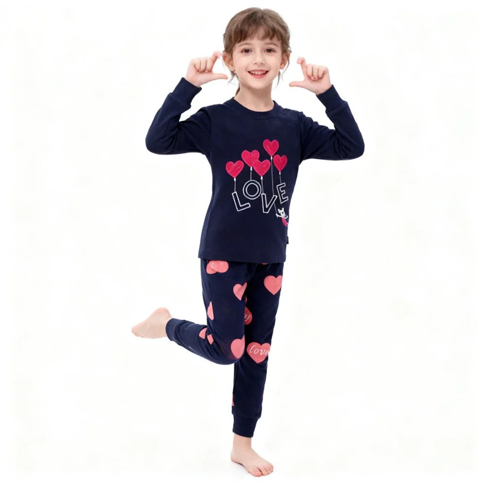 Kids Animal Pajama Set in navy knitted cotton, featuring pink heart prints and a long-sleeve top with matching pants.