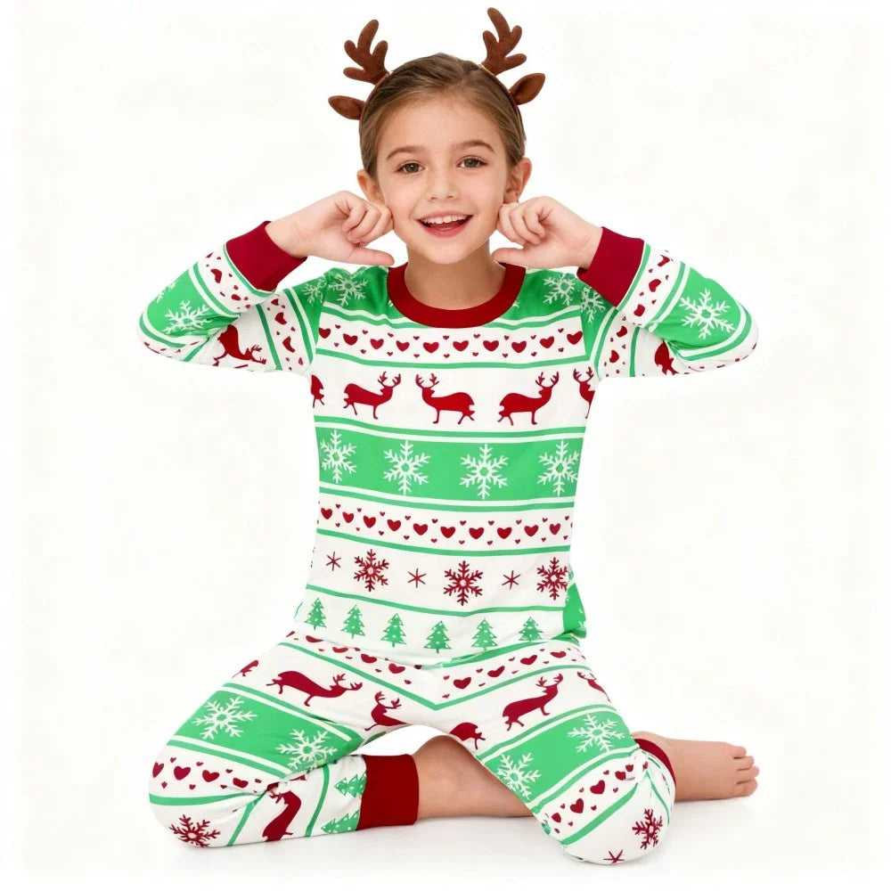 Kids Animal Pajama Set in green, white, and red knit cotton, with festive stripes, reindeer, snowflakes, and heart patterns.