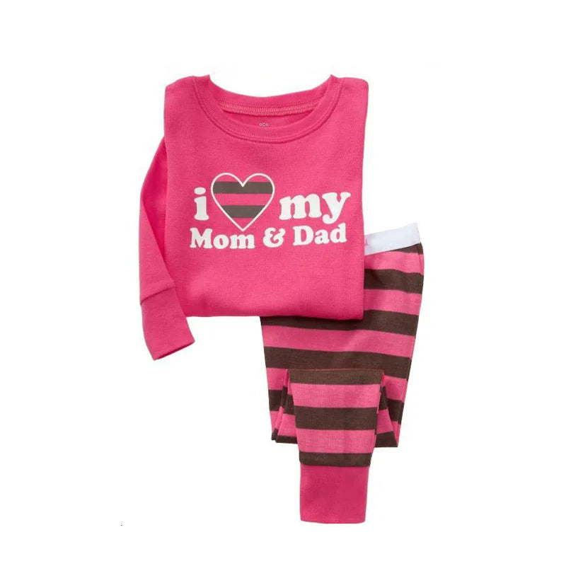 Kids Animal Pajama Set in pink cotton knit, with an “I love my Mom & Dad” heart print top and striped pants.