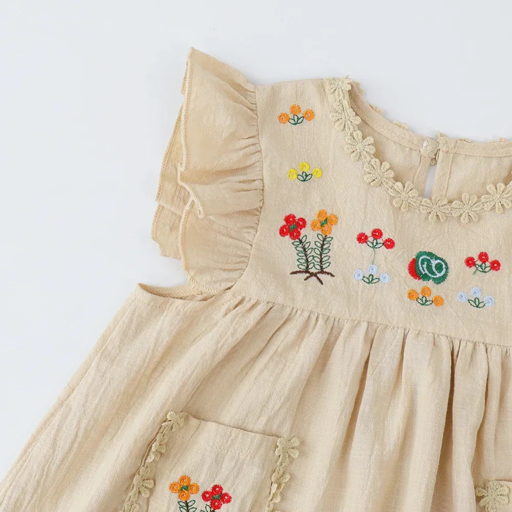 Girls' Embroidered Ruffle Dress