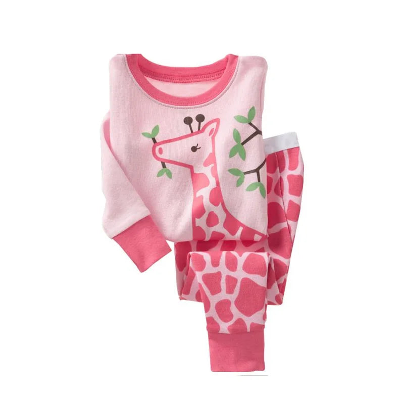 Kids Animal Pajama Set in soft pink knit cotton, with a giraffe graphic, pink animal-print pants, and solid cuffs.