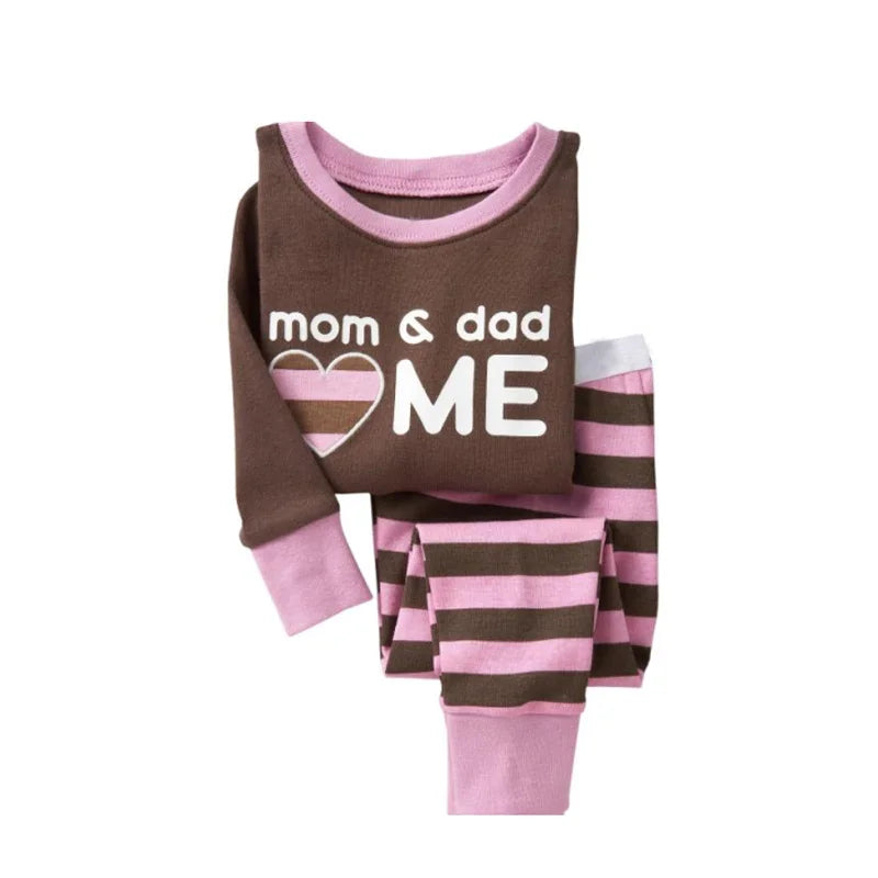 Kids Animal Pajama Set with brown and pink cotton knit top and striped pants, featuring “mom & dad” text and a heart graphic.
