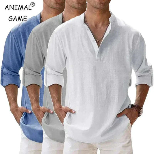 Breathable Cotton Henley in blue, white, and gray with buttoned neckline for comfort and style.