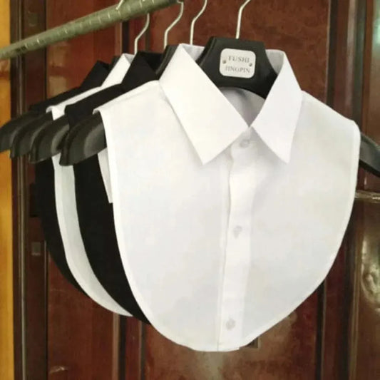 Detachable shirt collar hanging on hangers in black and white options.
