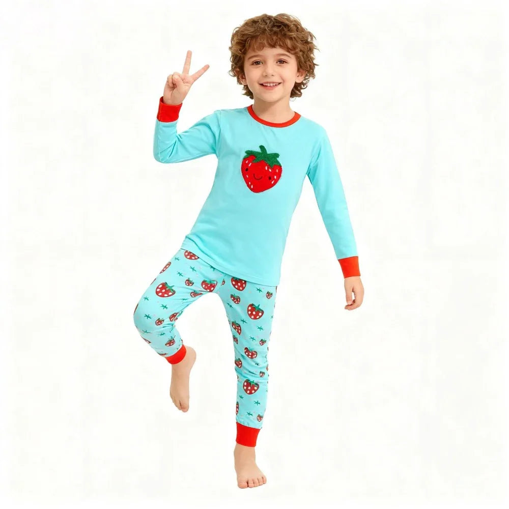 Kids Animal Pajama Set in turquoise knitted cotton, with red cuffs, a strawberry chest graphic and all-over fruit print.