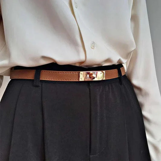 Luxury Corset Belt enhancing waistline with elegant brown design and gold clasp.